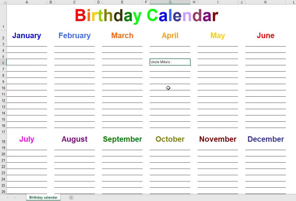 Editable Birthday Calendar Customizable Easily Printable Microsoft Word docx And Excel xlsx Files Digital Download Etsy