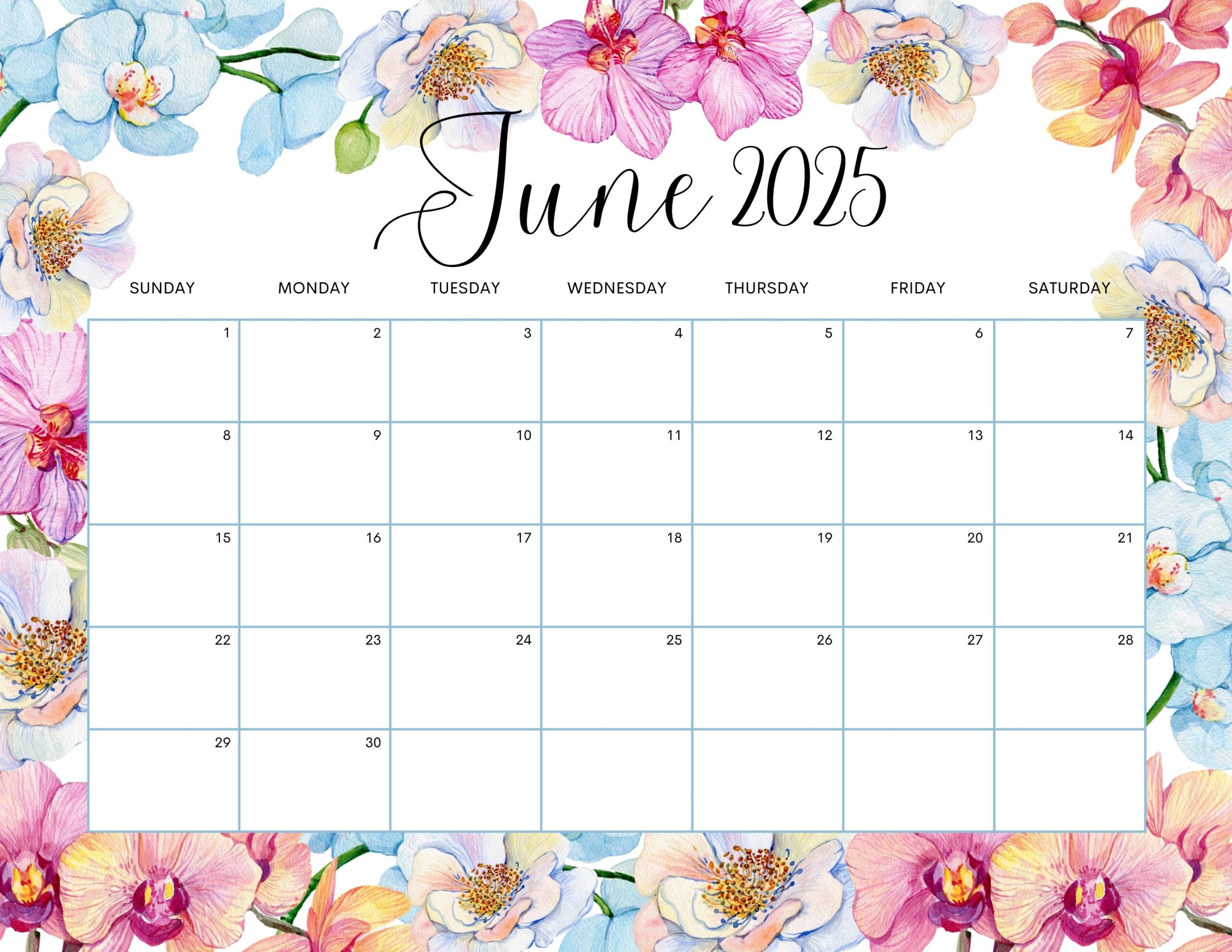 EDITABLE June 2025 Calendar Beautiful Spring Wall Calendar 2025 Watercolor Floral Calendar Printable Monthly Schedule Kids School Work Etsy