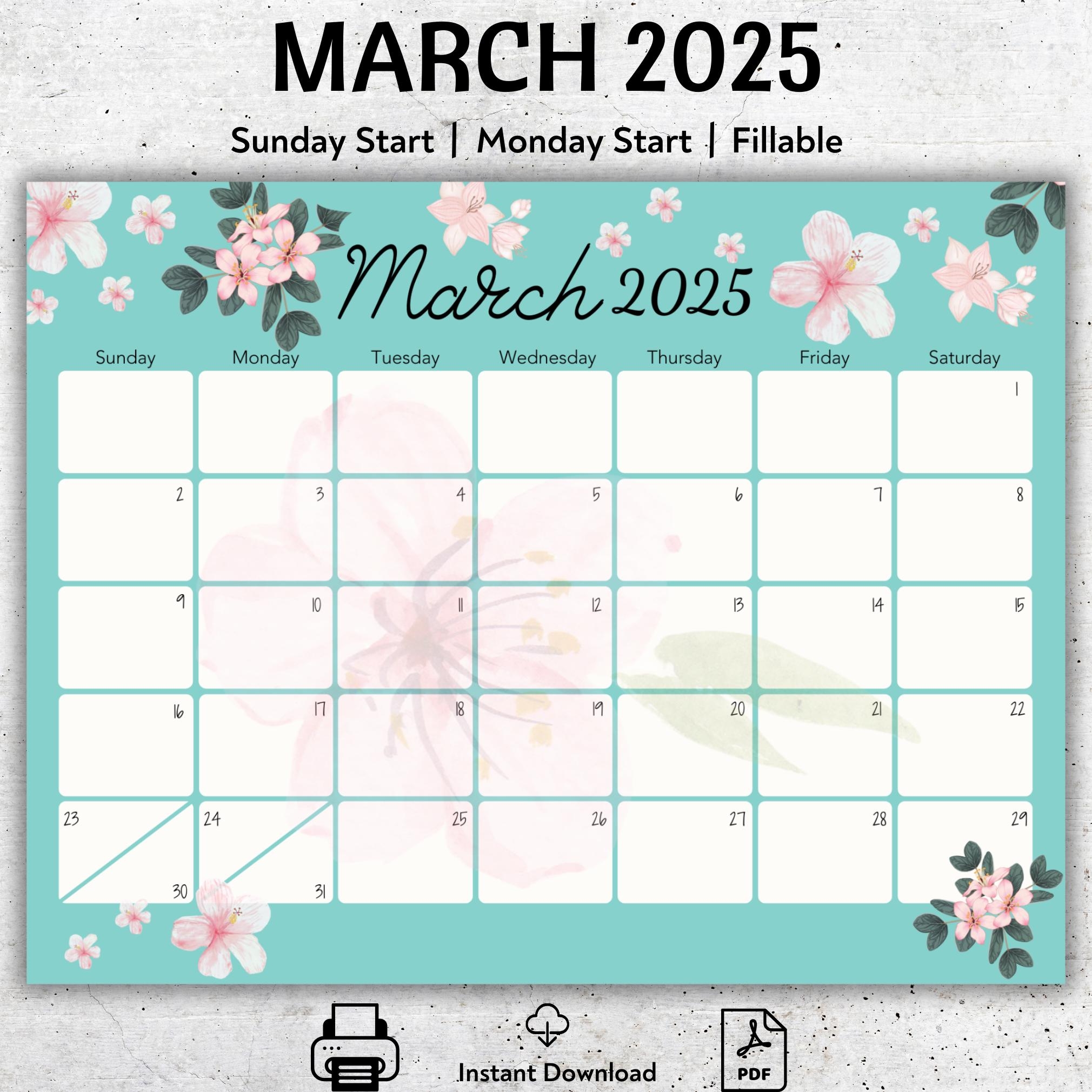 March 2025 Floral Calendar Printable