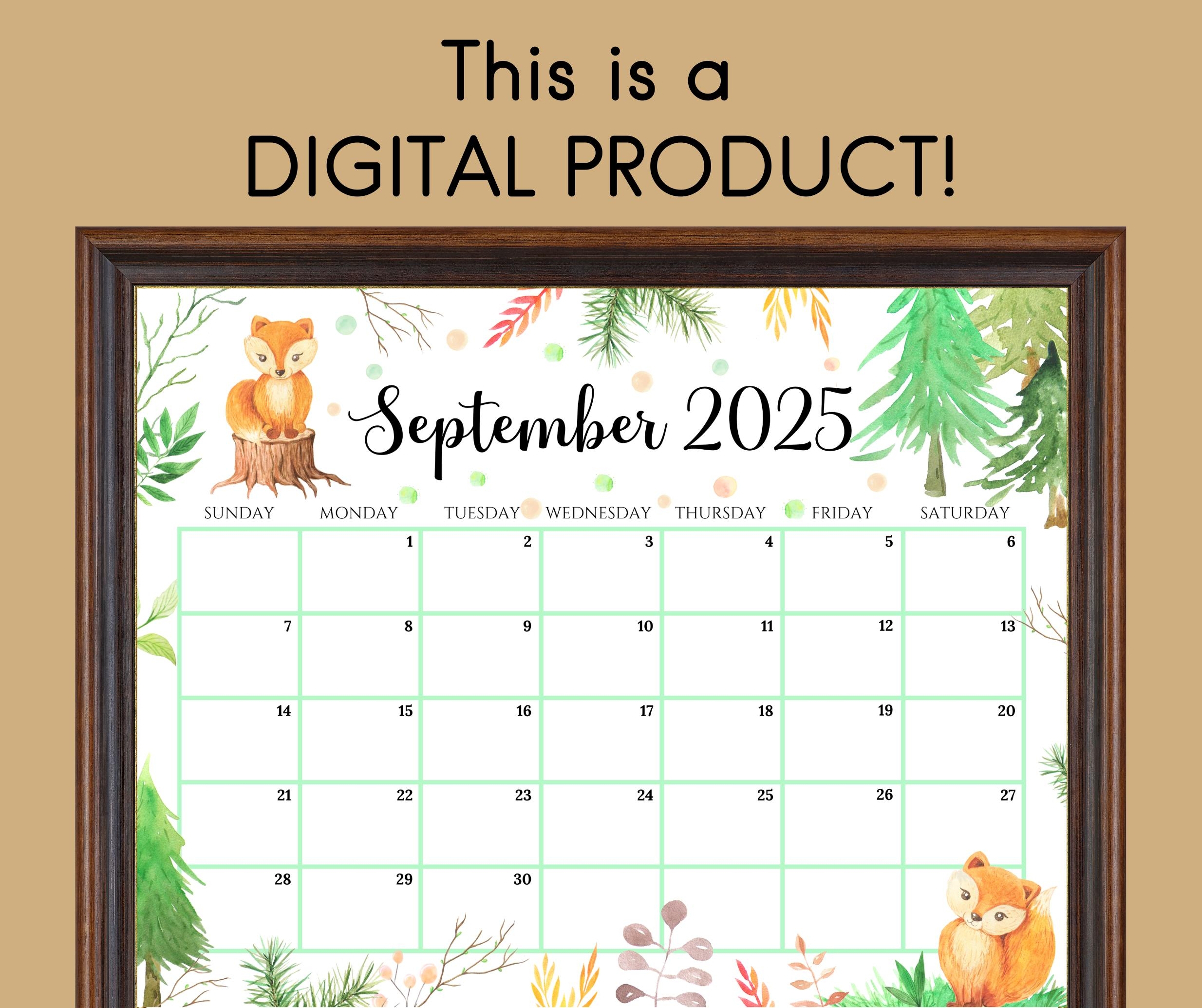 EDITABLE September 2025 Calendar Beautiful Fall Autumn With Cute Foxes Yellow Leaves Printable Monthly Calendar For Kid School Home Work Etsy