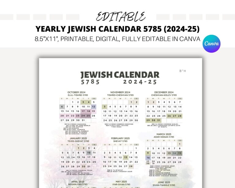 EDITABLE Yearly Jewish Calendar Jewish Calendar 5785 Hebrew Calendar 2024 2025 Hebrew Calendar 5785 Jewish Holidays Canva Template Etsy