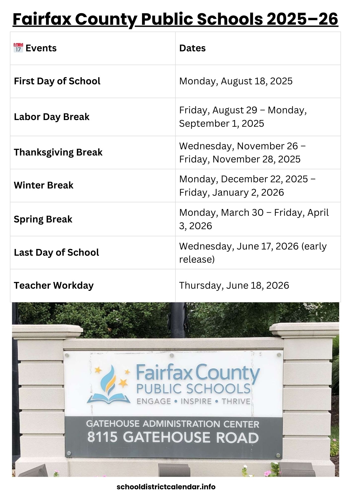 Fairfax County Public Schools Calendar With Holidays 2025 26