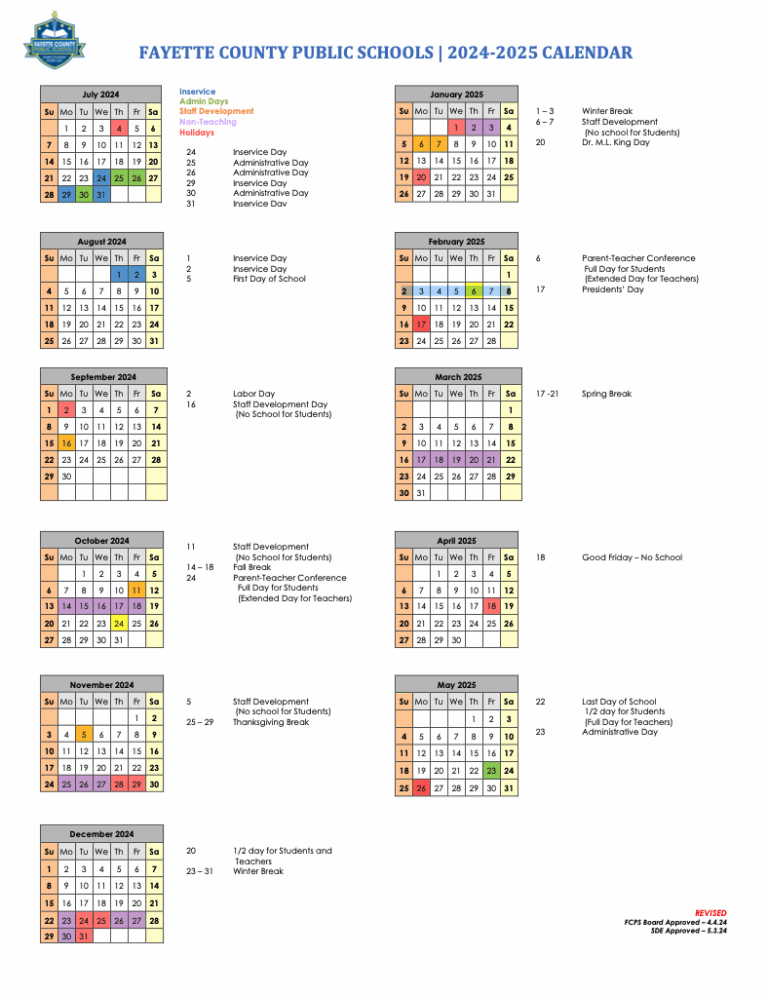 FCPS 2024 2025 Instructional Calendar Calendars And Events Fayette County Public Schools