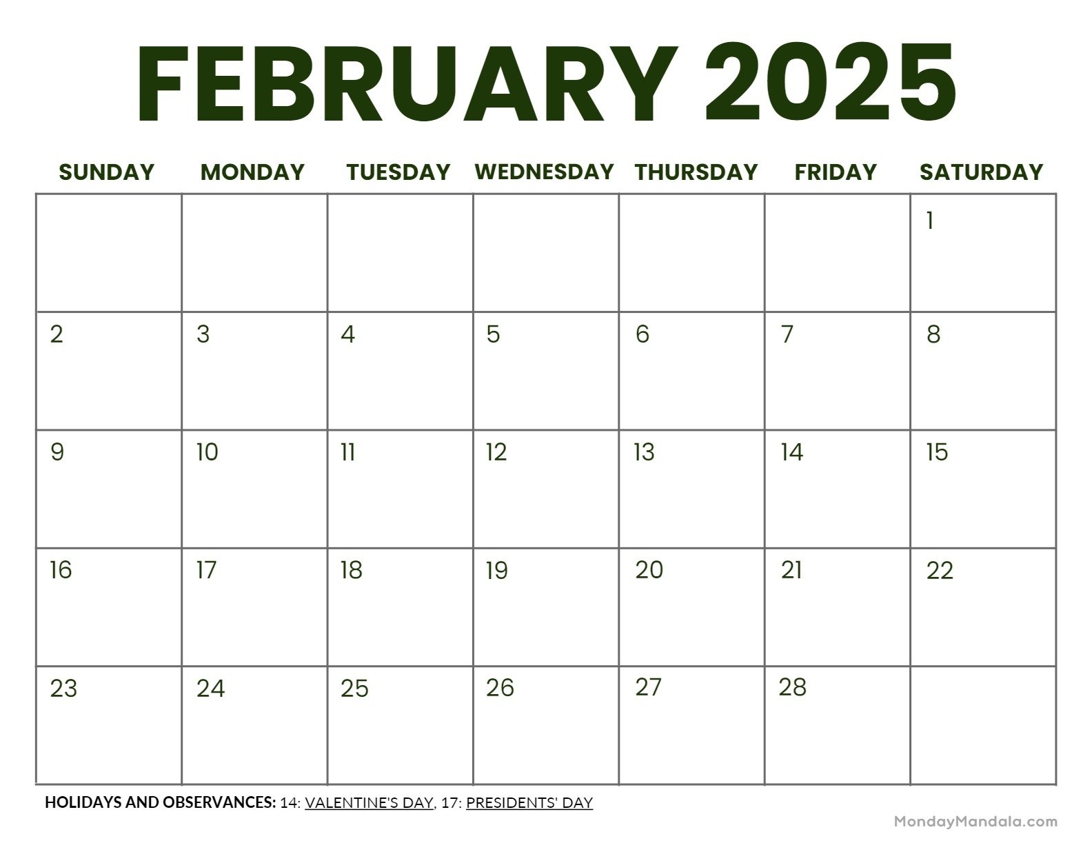 February 2025 Calendar Green Landscape