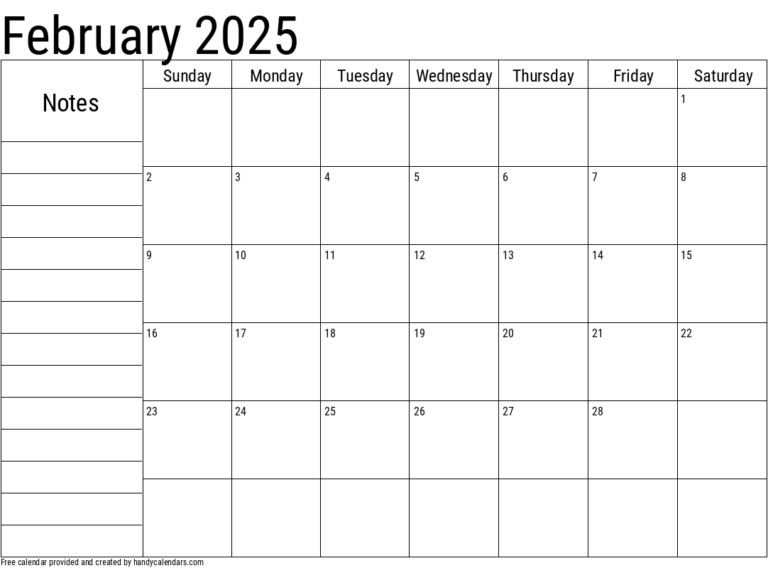 February 2025 Calendar With Notes Handy Calendars