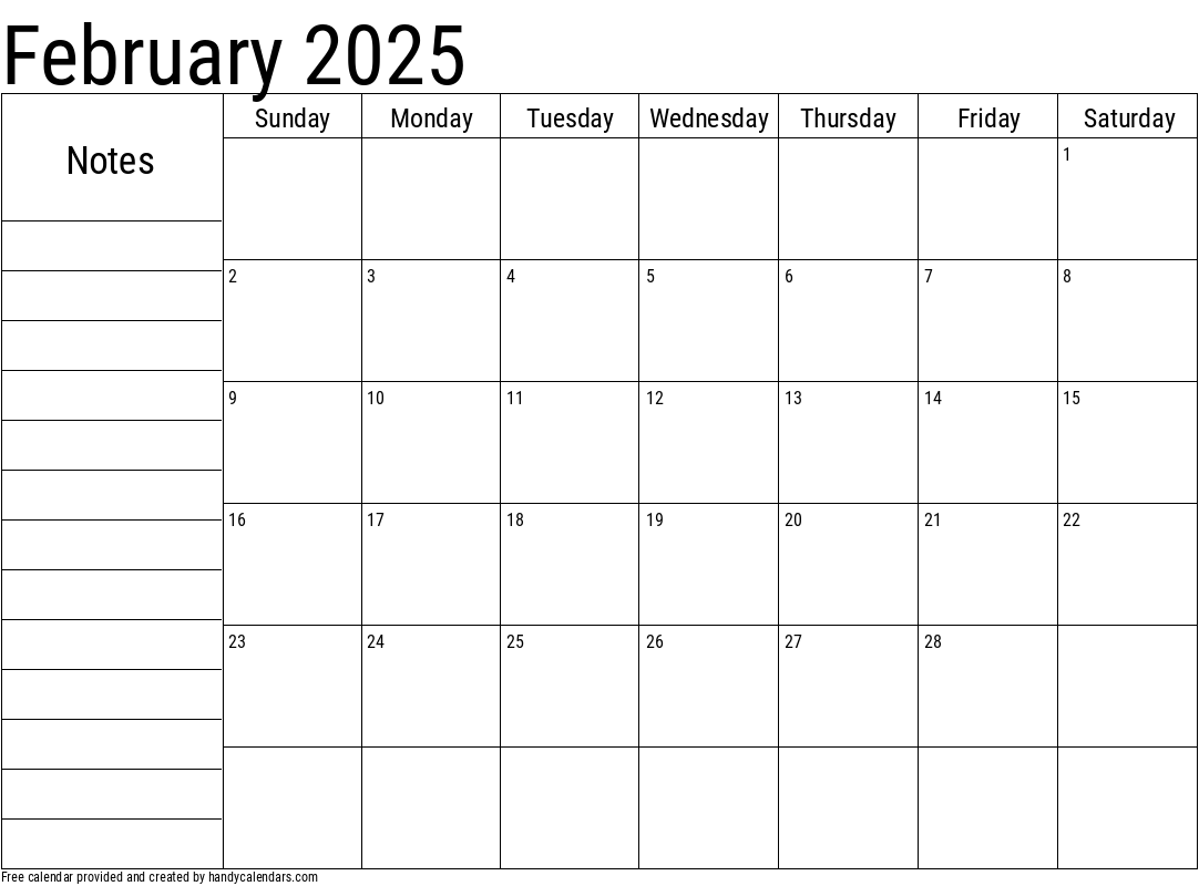 February 2025 Calendar With Notes Handy Calendars