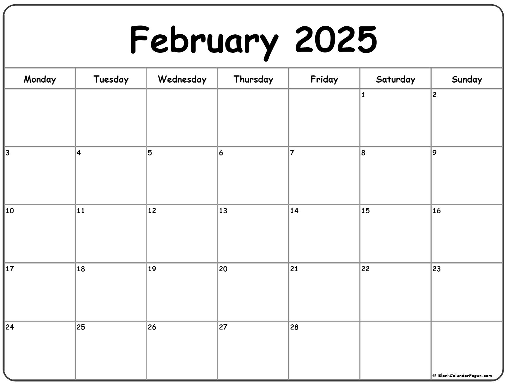 February 2025 Monday Calendar Monday To Sunday