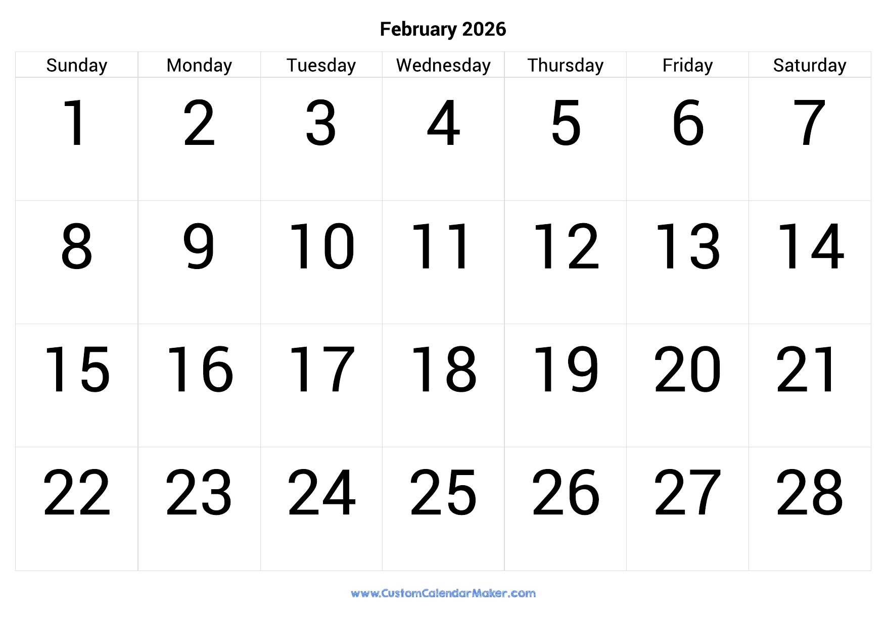 February 2026 Calendar Printable With Large Numbers Custom Calendar Maker