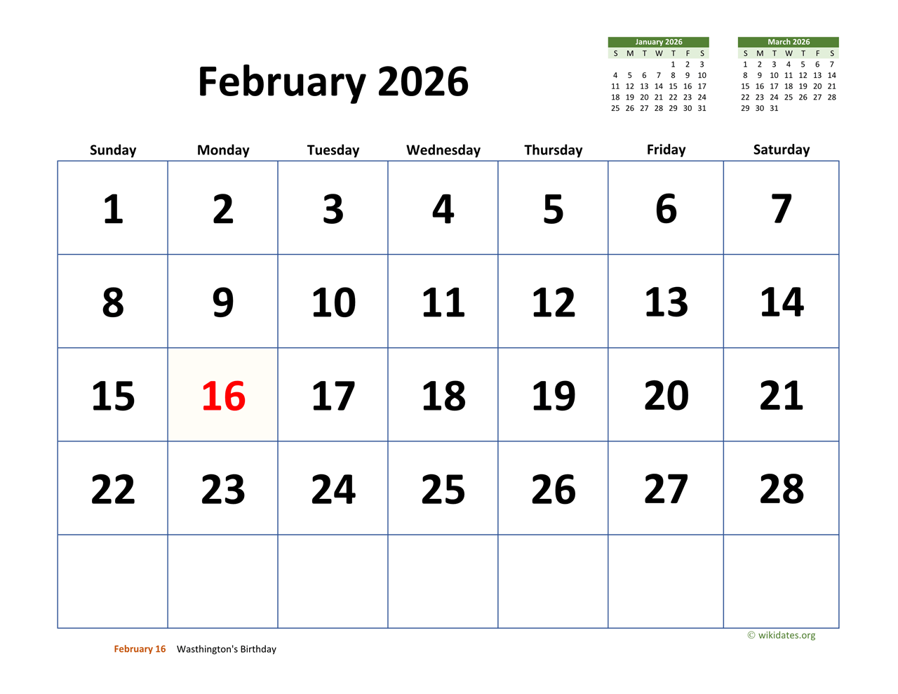 February 2026 Calendar with Holidays