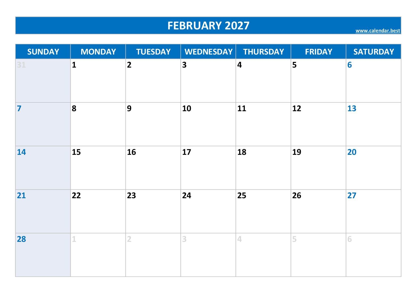february 2027 calendar printable