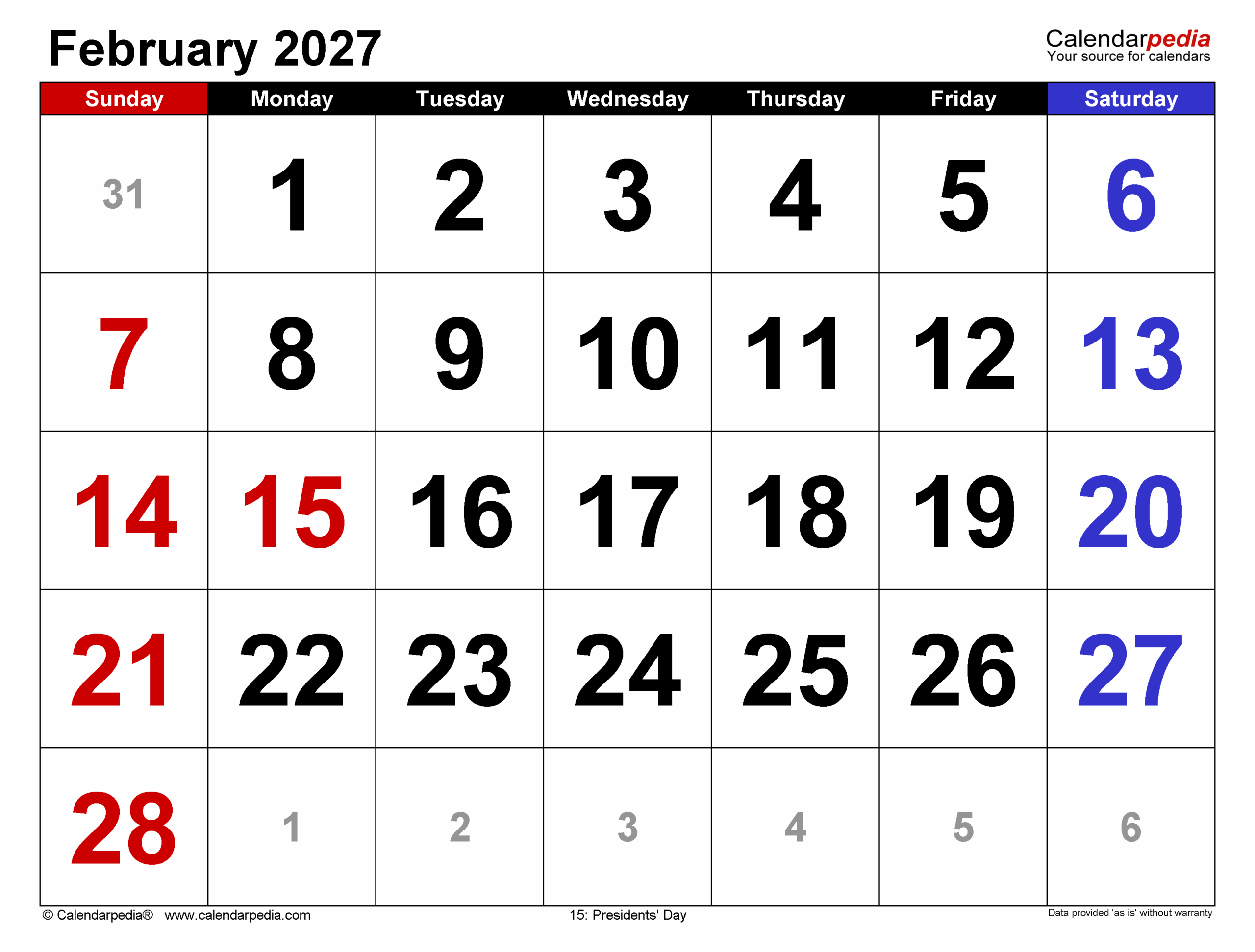 February 2027 Calendar Templates For PDF Excel And Word