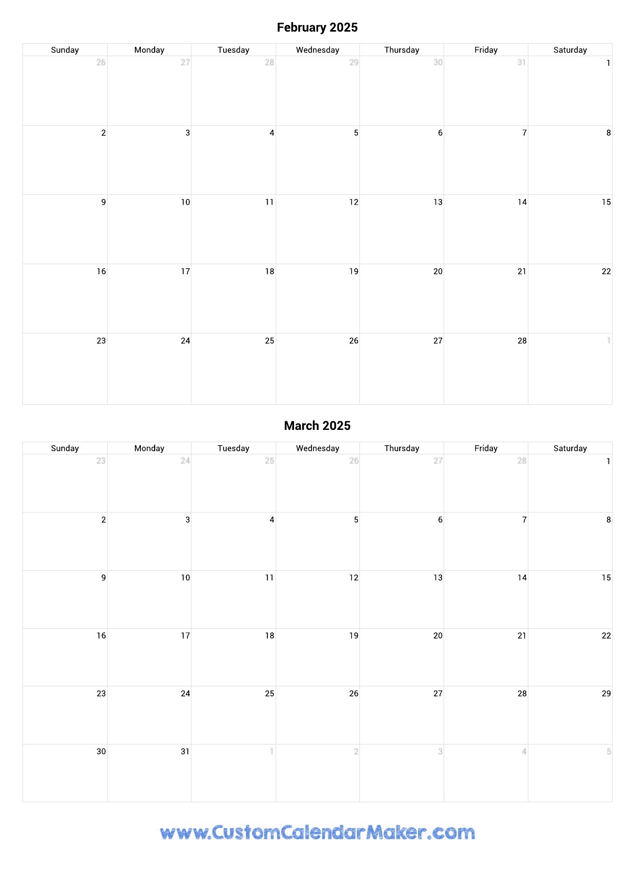 february and march 2025 calendar printable