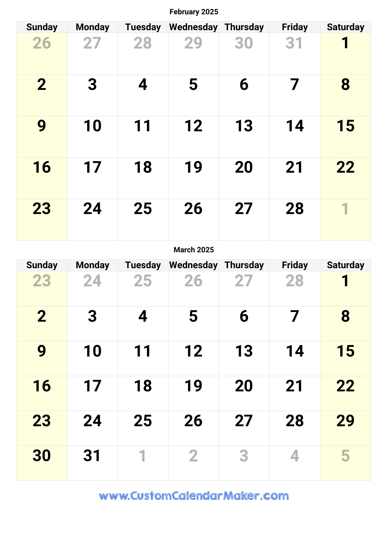 February And March 2025 Calendar Custom Calendar Maker