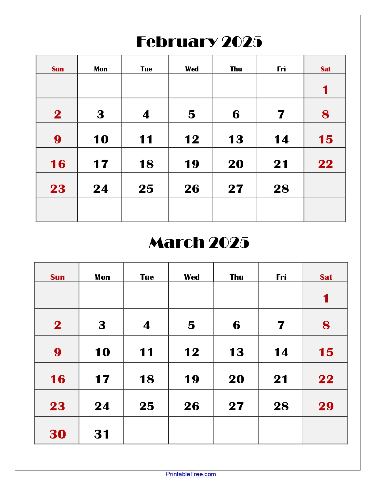 February And March 2025 Calendar Printable Two Months Calendar