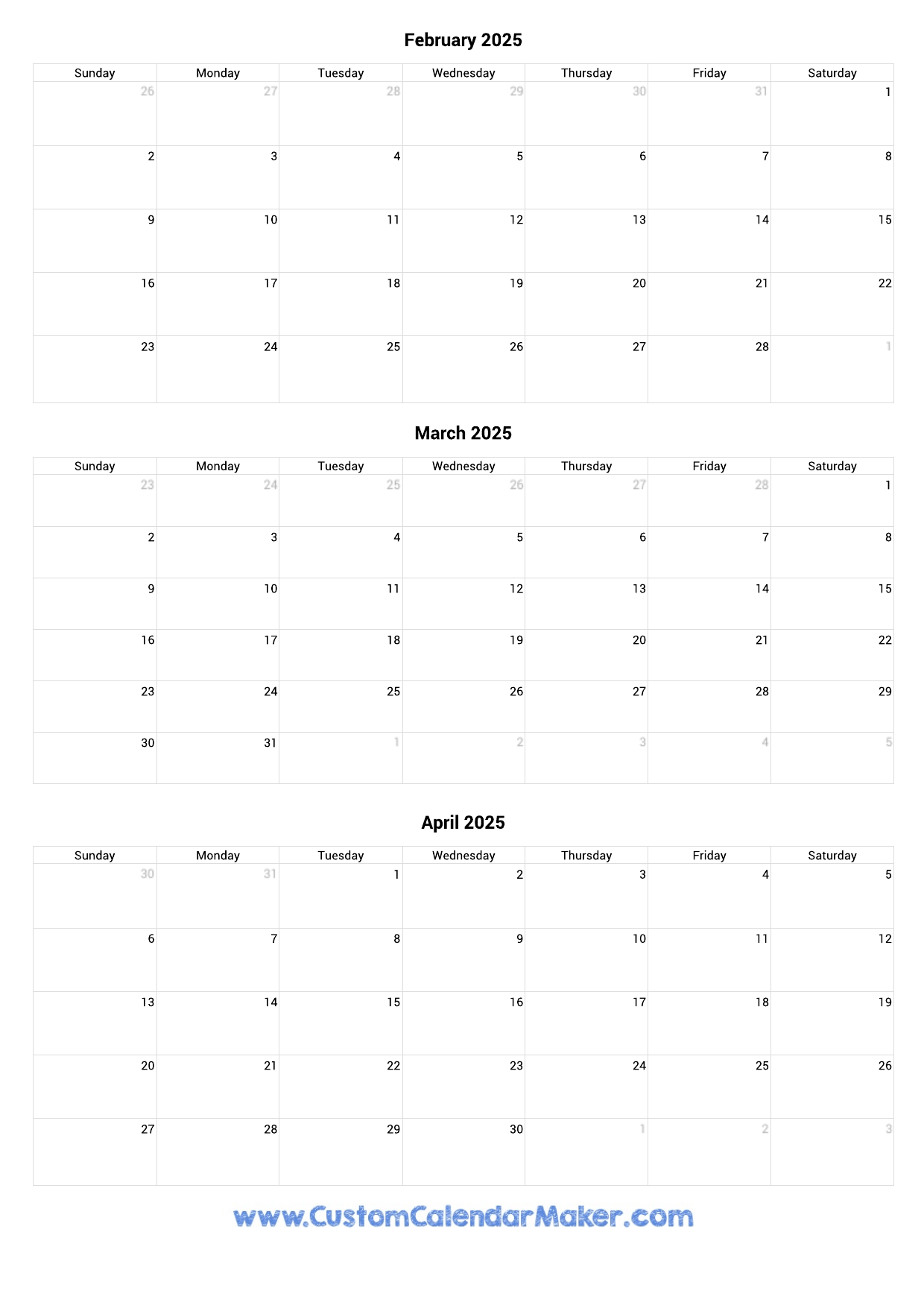 February To April 2025 Calendar Printable Custom Calendar Maker