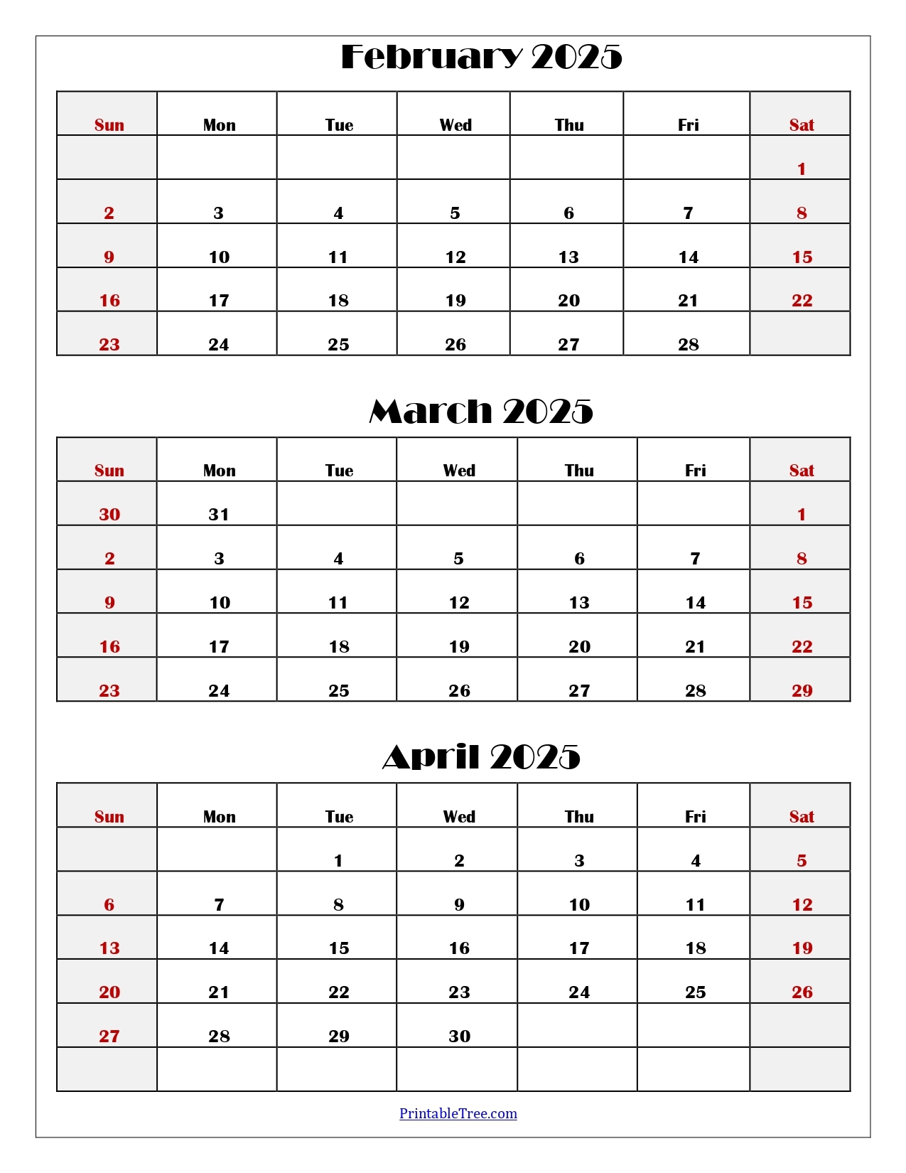 February To April 2025 Calendar Printable PDF Three Months Calendar