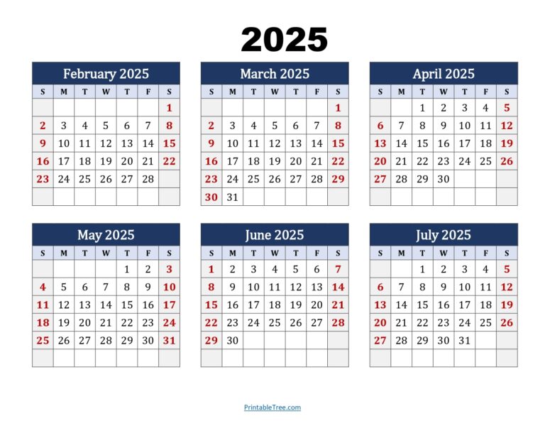 February To July 2025 Calendar Printable PDF Six Months Calendar