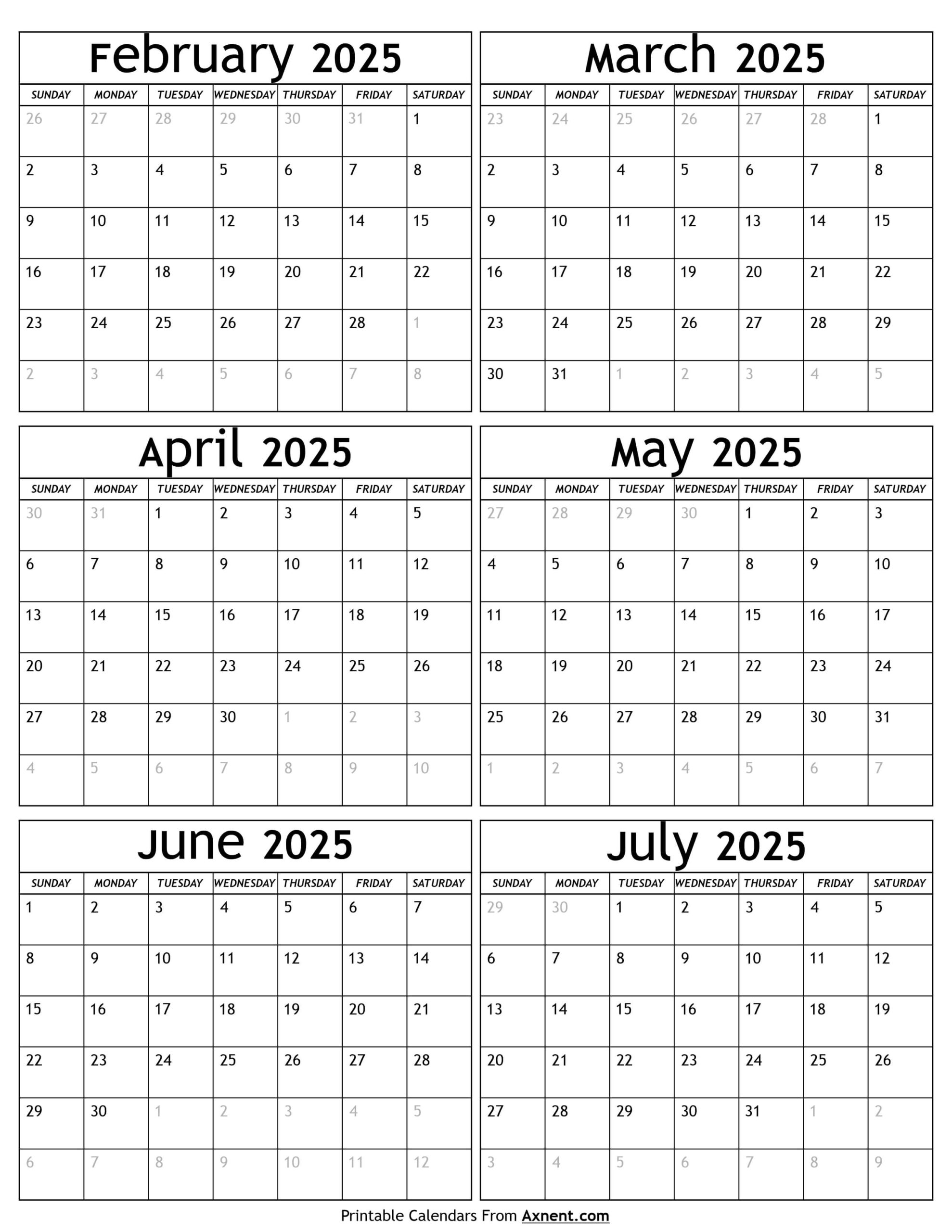 February To July 2025 Calendar Templates Six Months