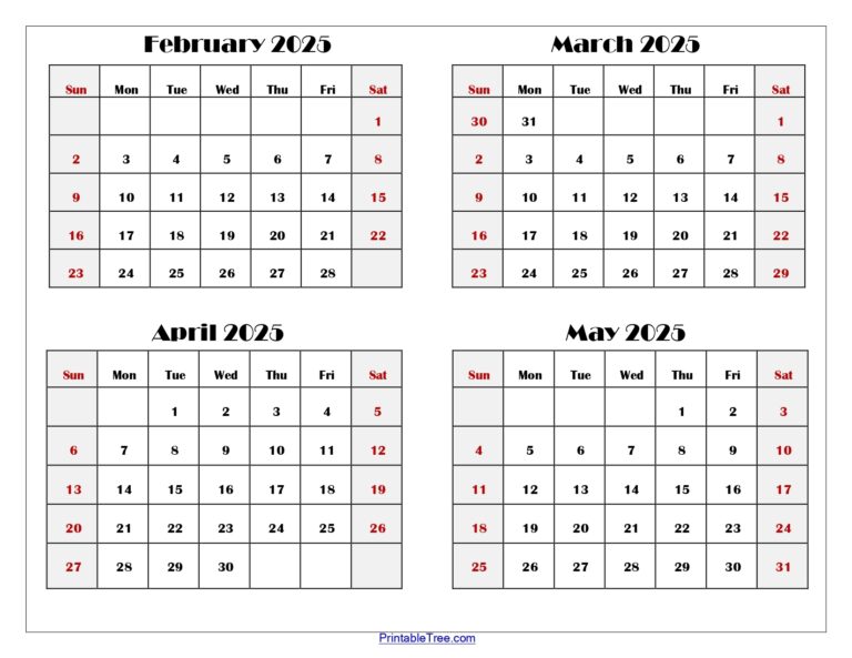 February To May 2025 Calendar Printable PDF Four Months Calendar