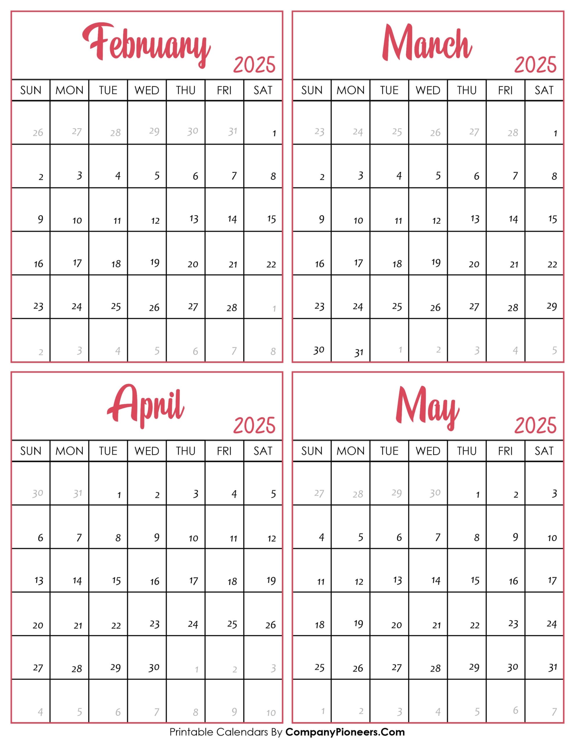 February to May 2025 Calendar
