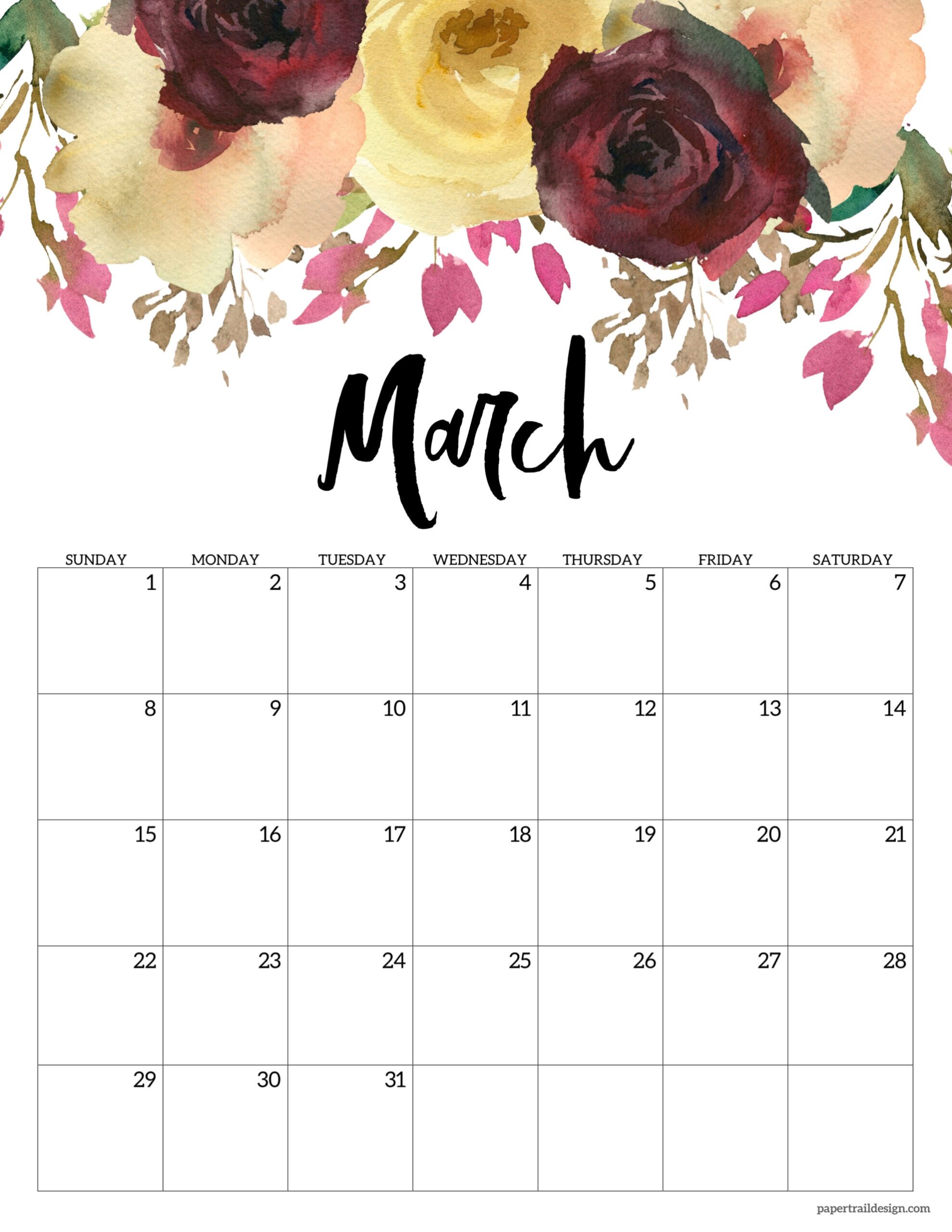 Floral 2026 Calendar Printable Paper Trail Design