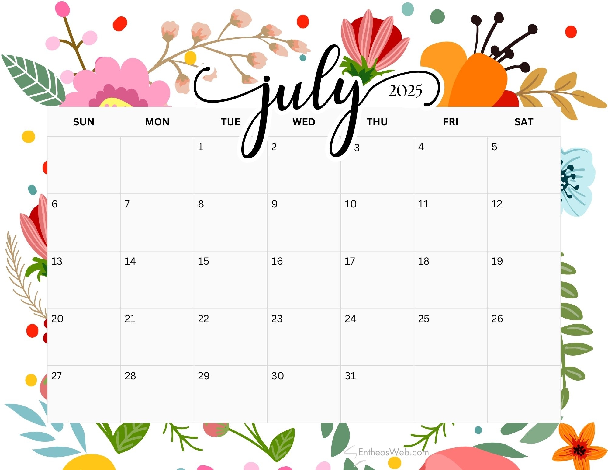 July 2025 Calendar Floral