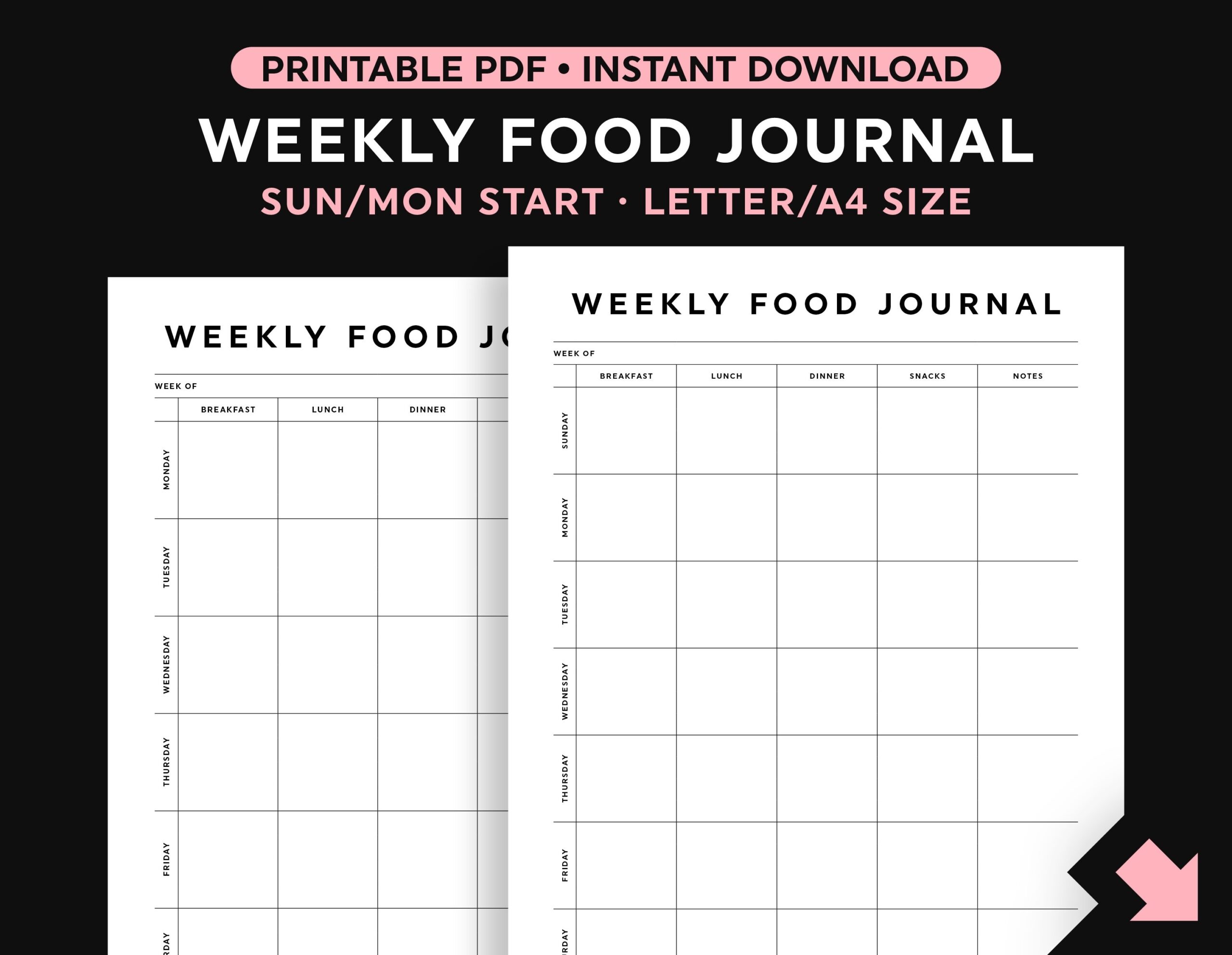 Food Journal Template Weekly Food Diary Printable Sunday monday Start Portrait Instant Download Etsy