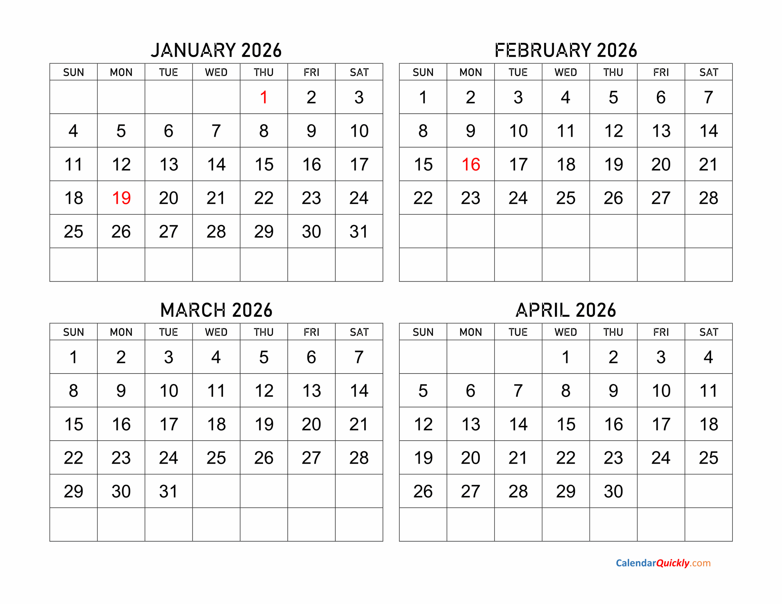 february to april 2026 calendar printable