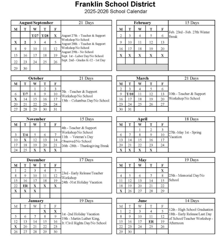Franklin School District Calendar 2025 2026 Paul Smith Elementary