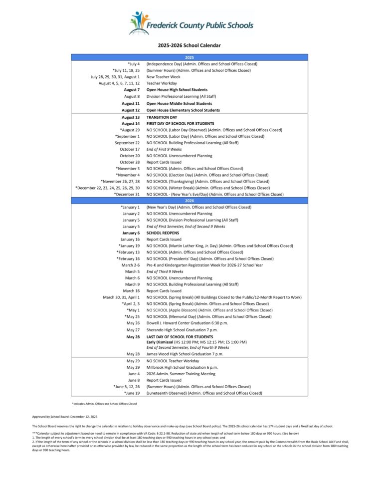 Frederick County Public Schools Calendar 25 26 Revised PDF EduCounty