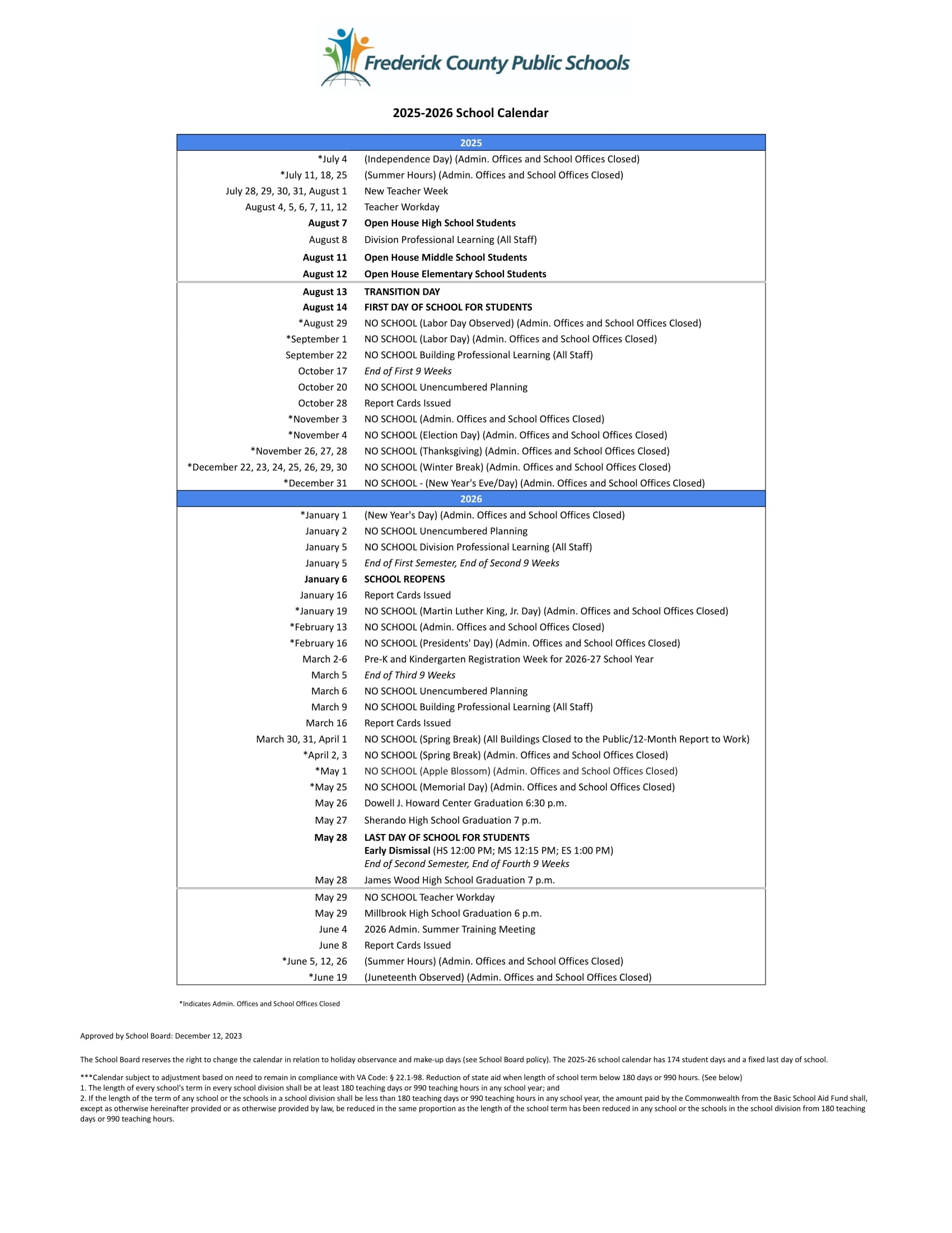 Frederick County Public Schools Calendar 25 26 Revised PDF EduCounty