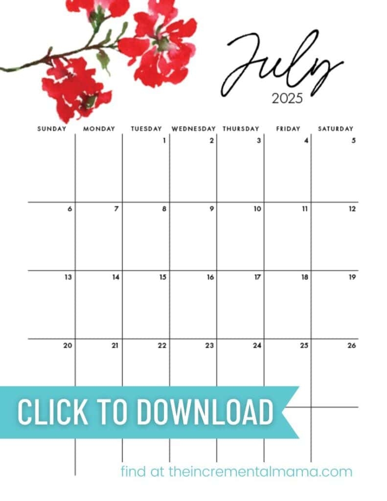 July 2025 Floral Calendar Printable