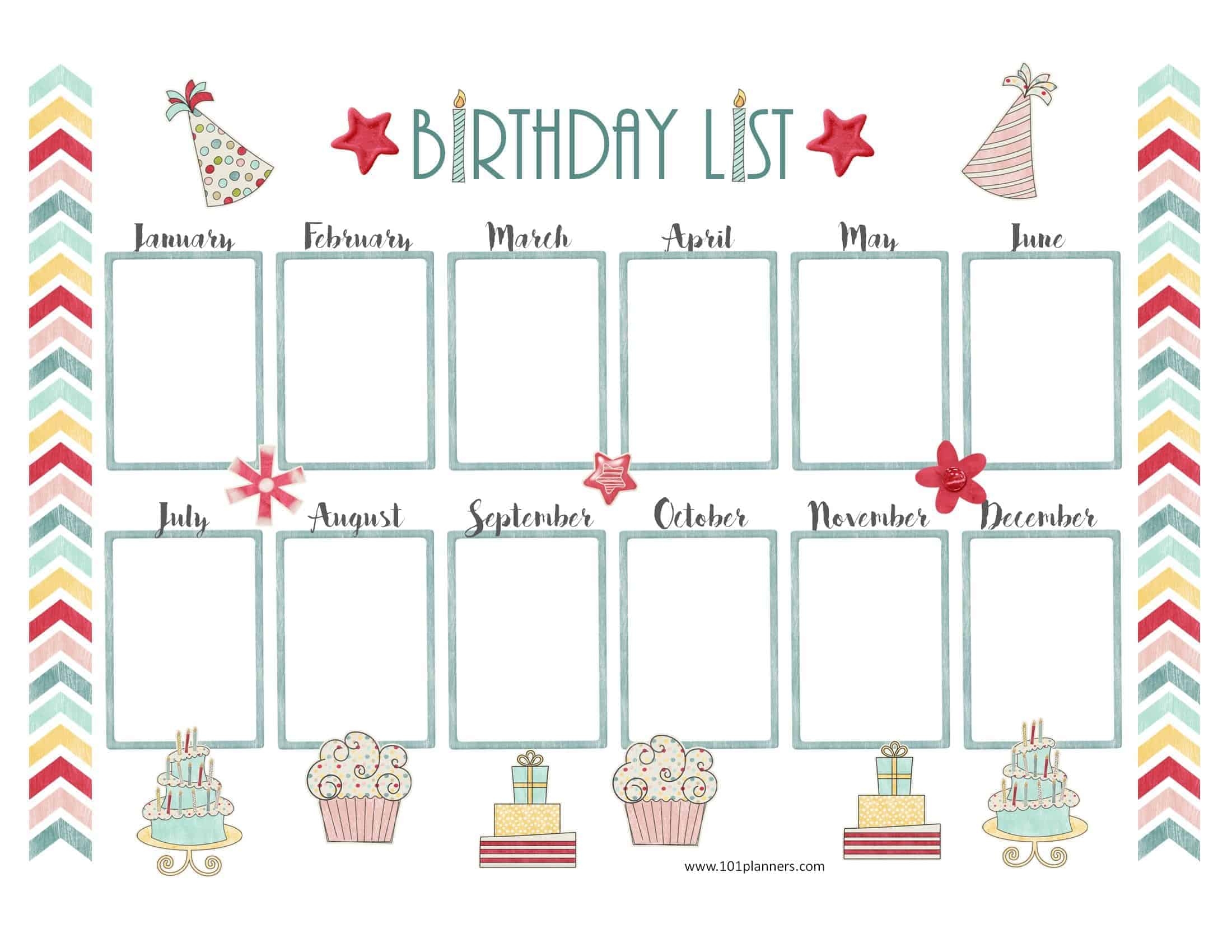 Birthday Calendar Portrait One Page