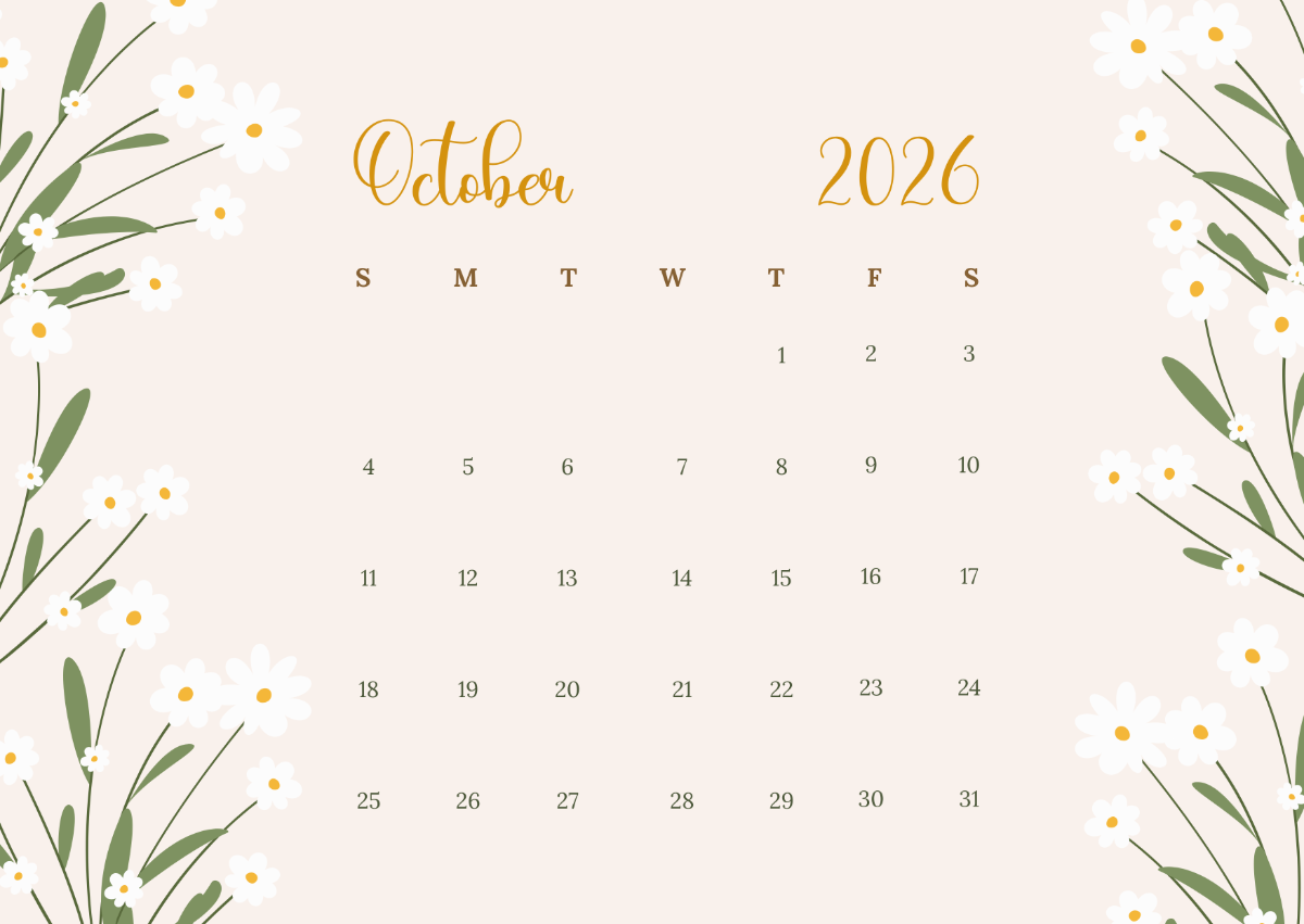 Free Floral October 2026 Calendar Template To Edit Online