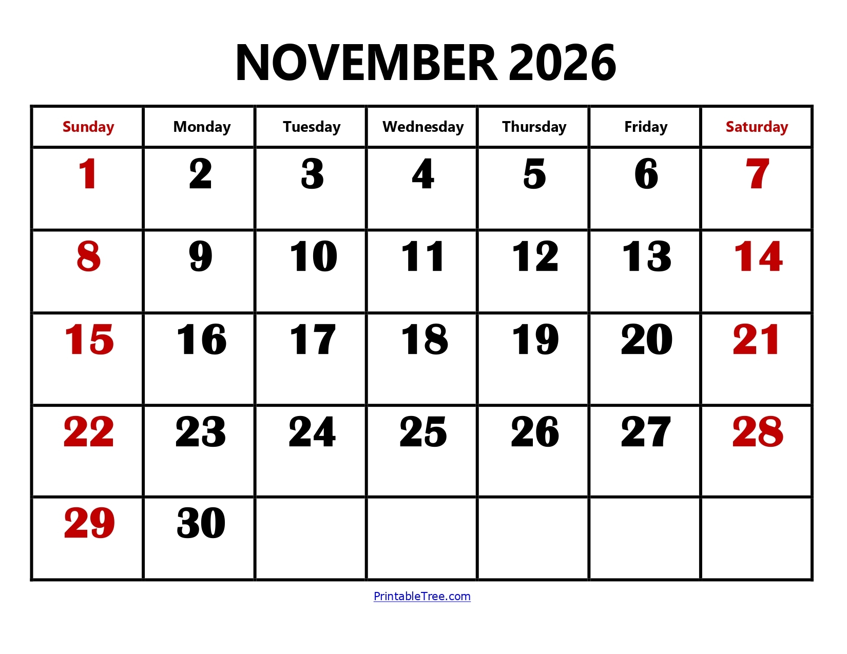 Free November 2026 Calendar Printable PDF With Holidays Templates