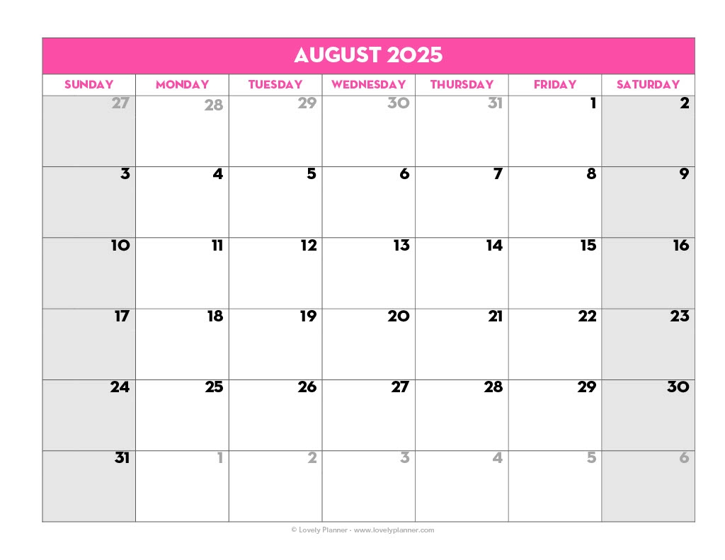 August 2025 Light Pink BG Calendar