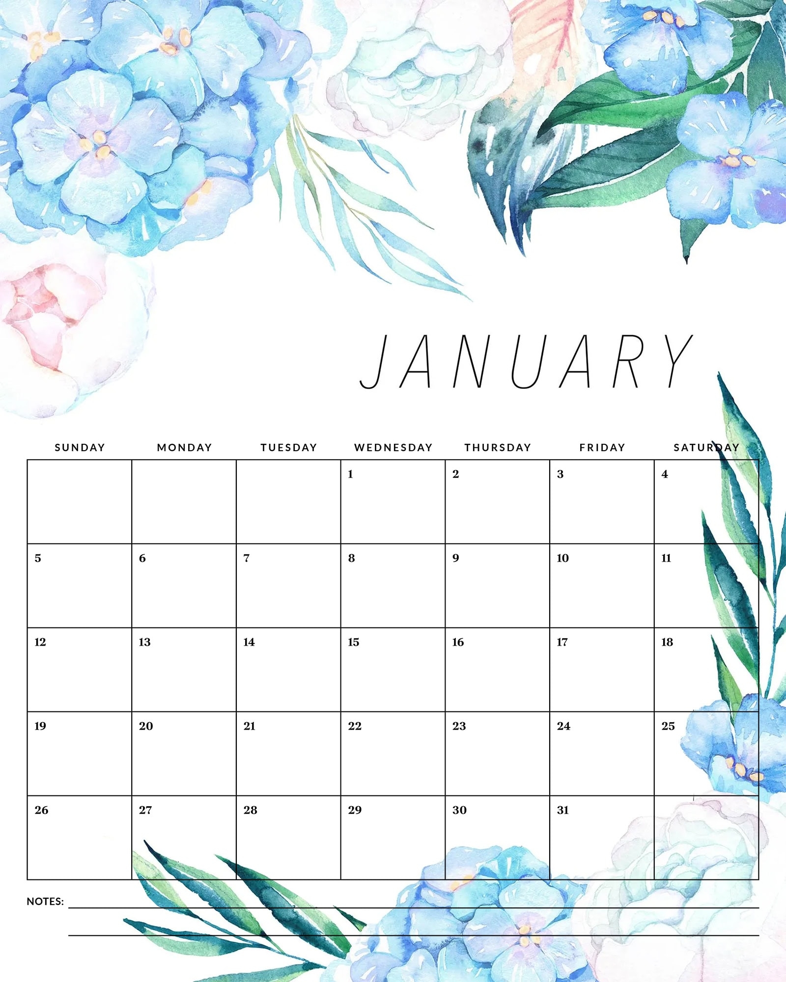 January 2025 Floral Calendar Printable