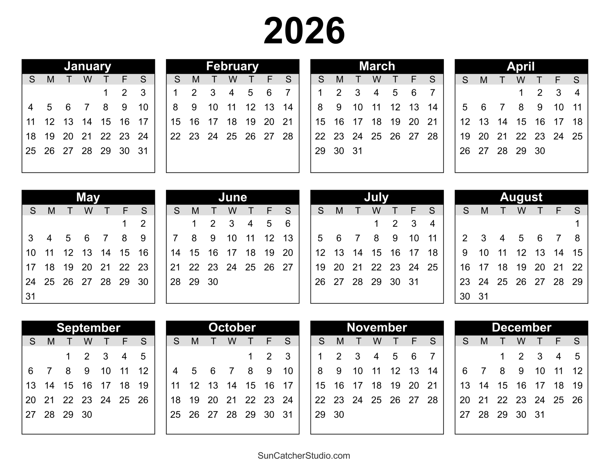 2026 one page yearly calendar templates
