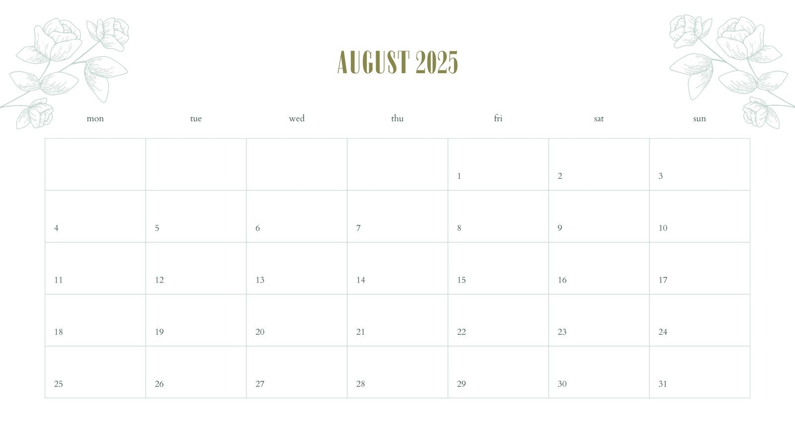 August 2025 Calendar Green Landscape