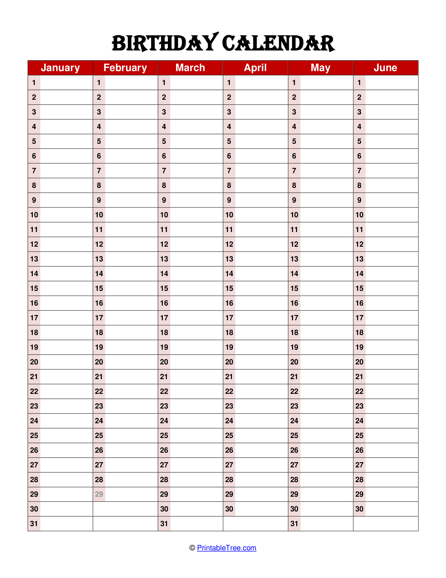 Free Printable Birthday Calendar PDF Templates