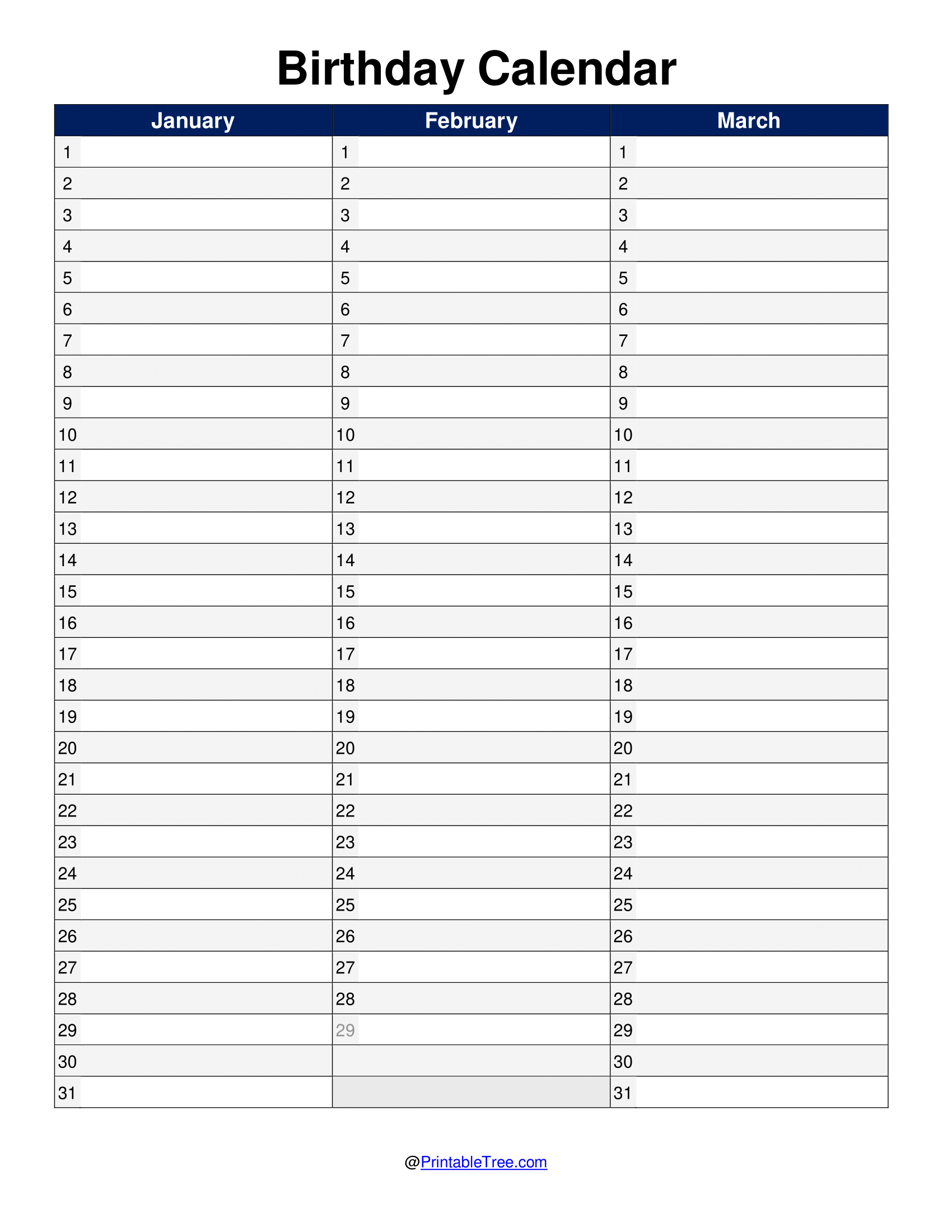 Free Printable Birthday Calendar PDF Templates