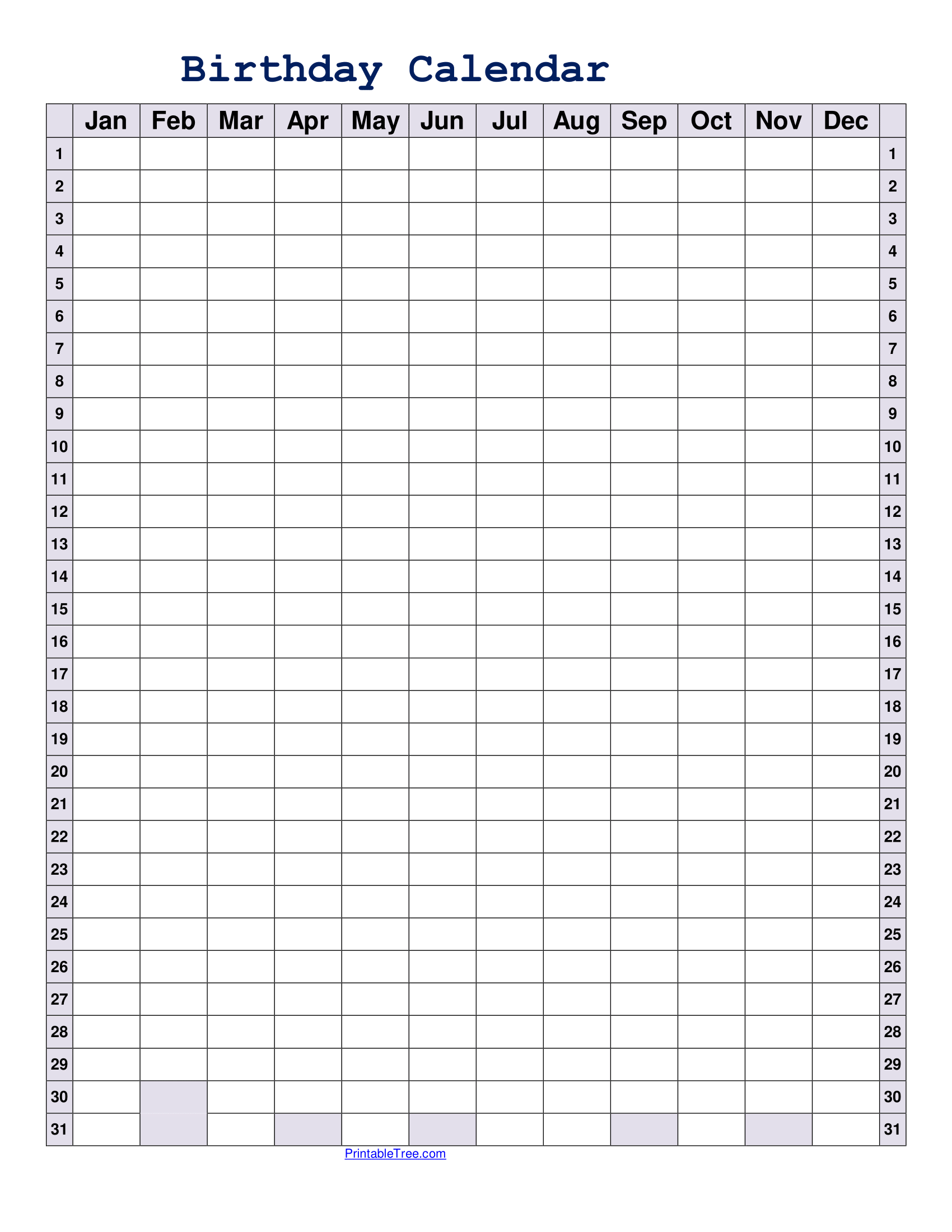 Birthday Calendar Portrait Two Pages