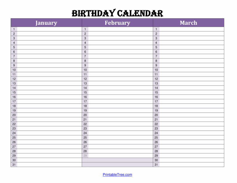 Free Printable Birthday Calendar PDF Templates