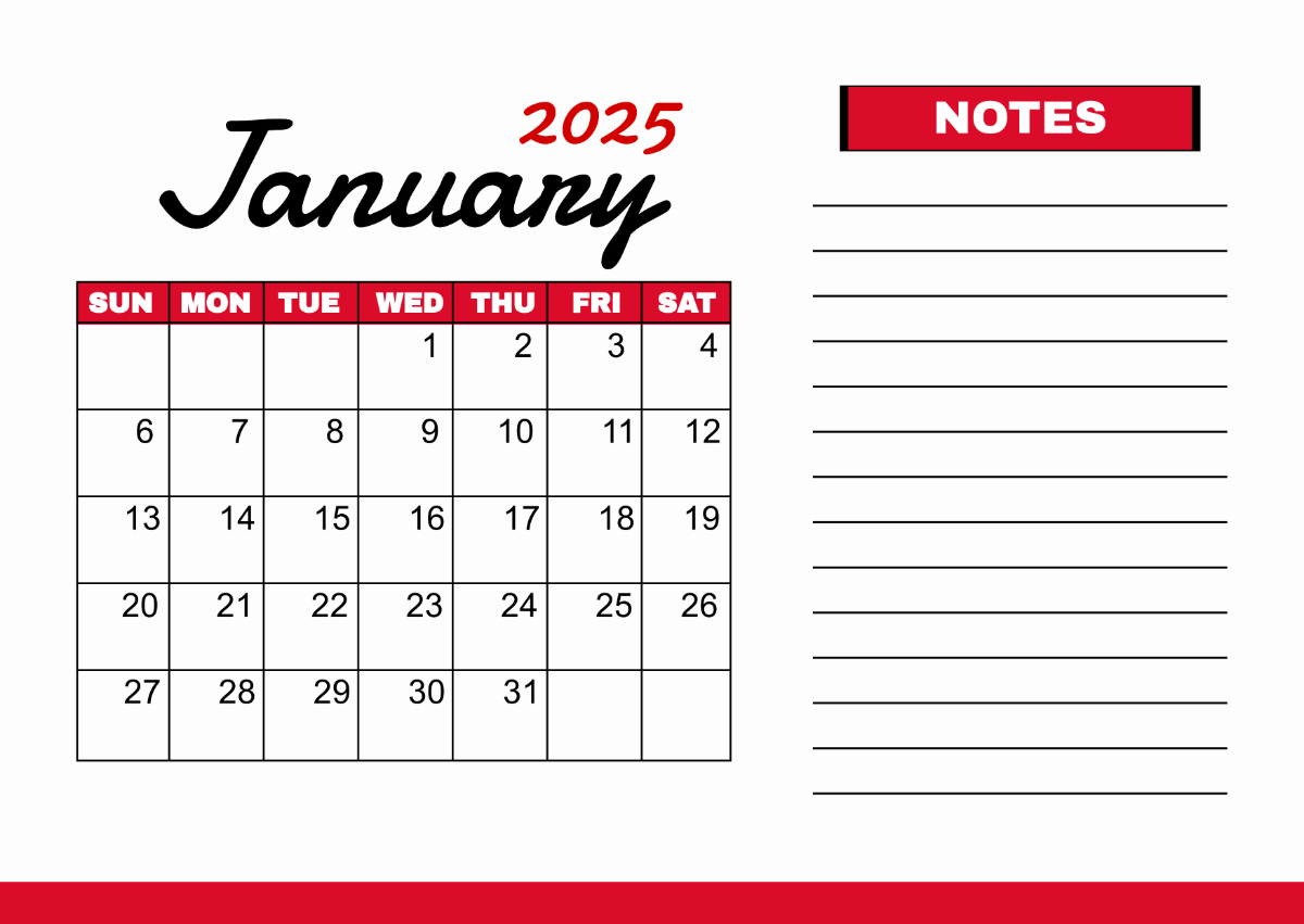 January 2025 Calendar with notes