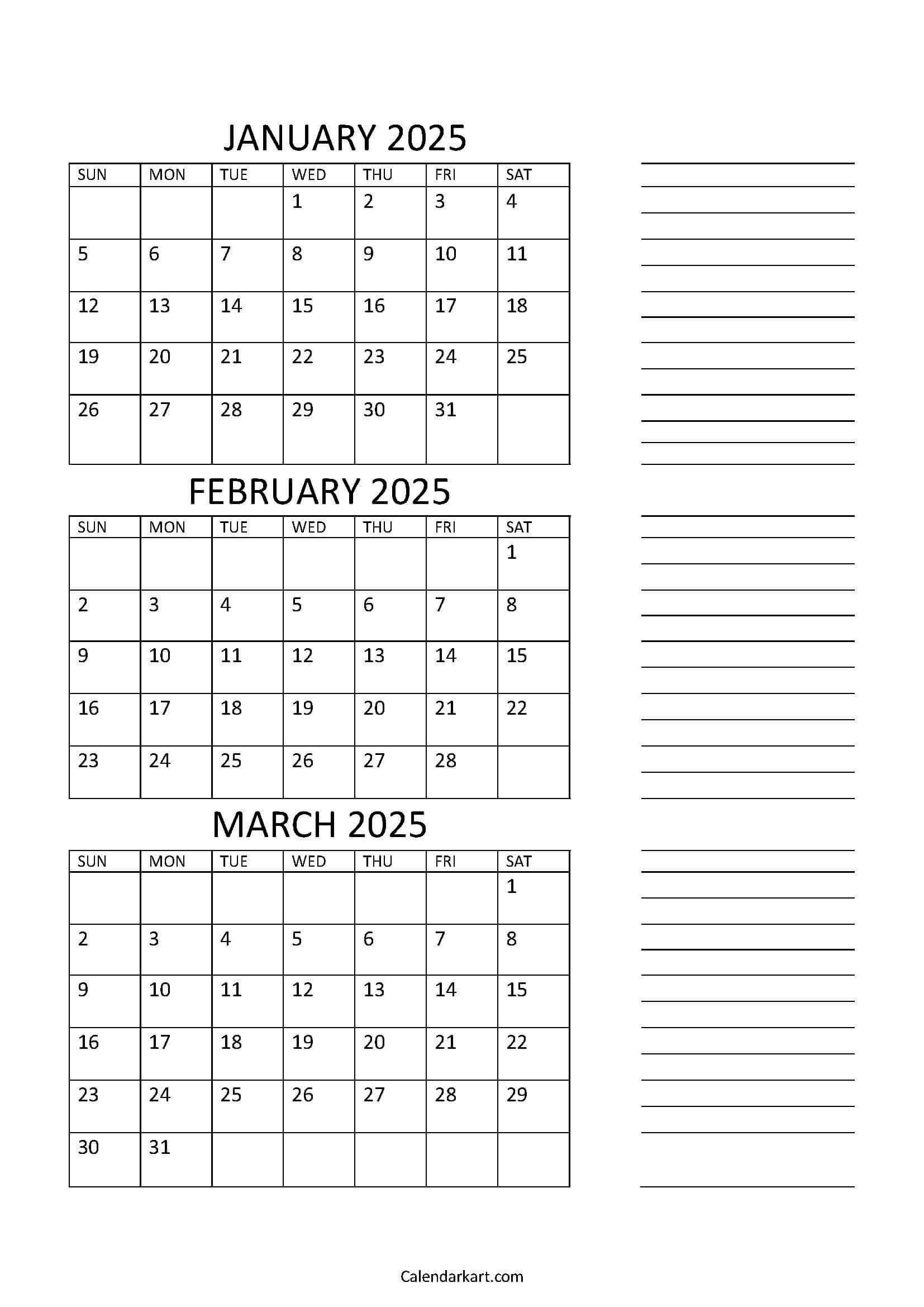 Free Printable January To March 2025 Calendar CalendarKart