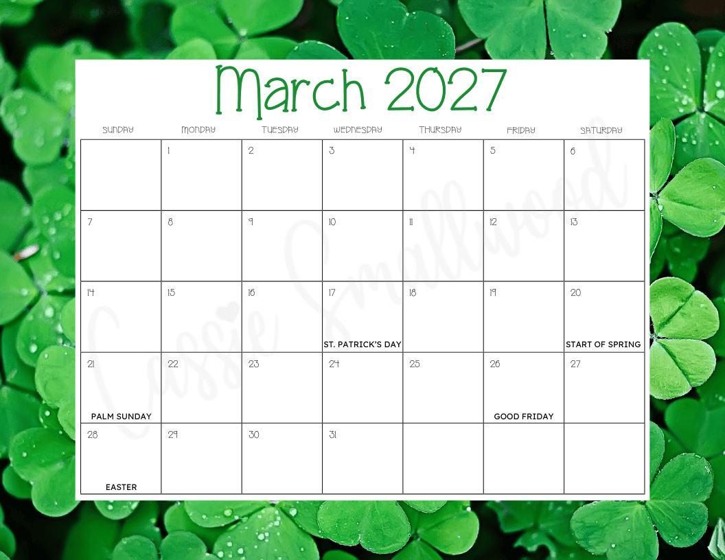 Free Printable March 2027 Calendar With Holidays Cassie Smallwood