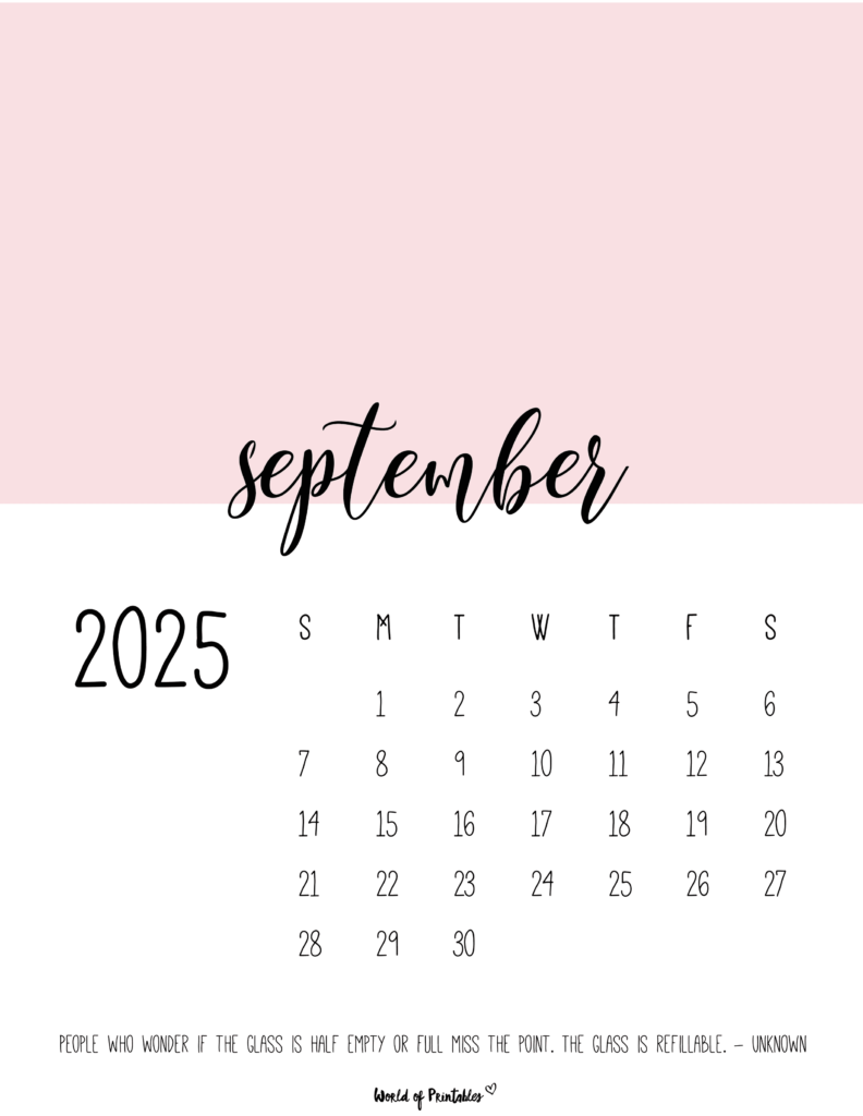 September 2025 Light Pink BG Calendar