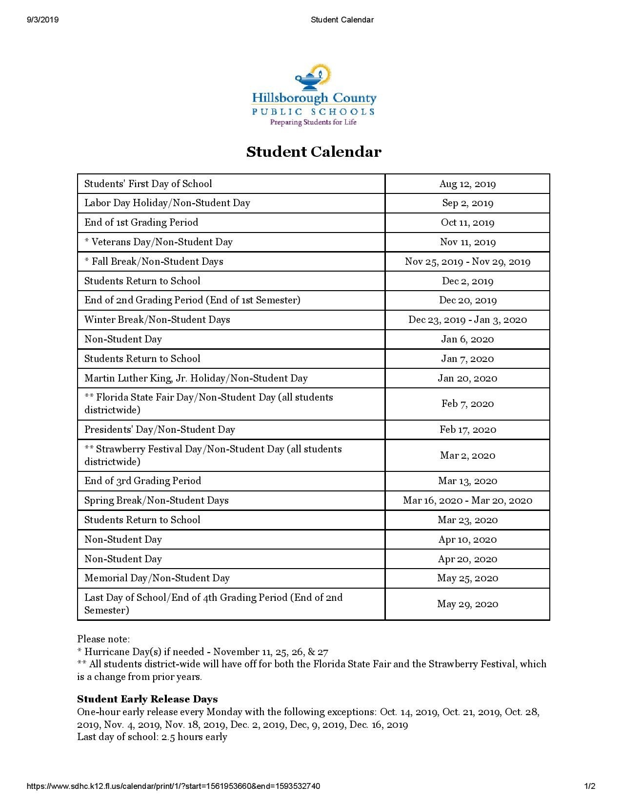 Hillsborough Student Calendar Printable Word Searches