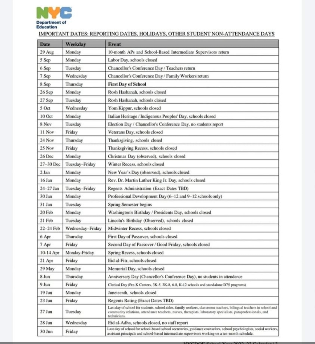 nyc schools calendar