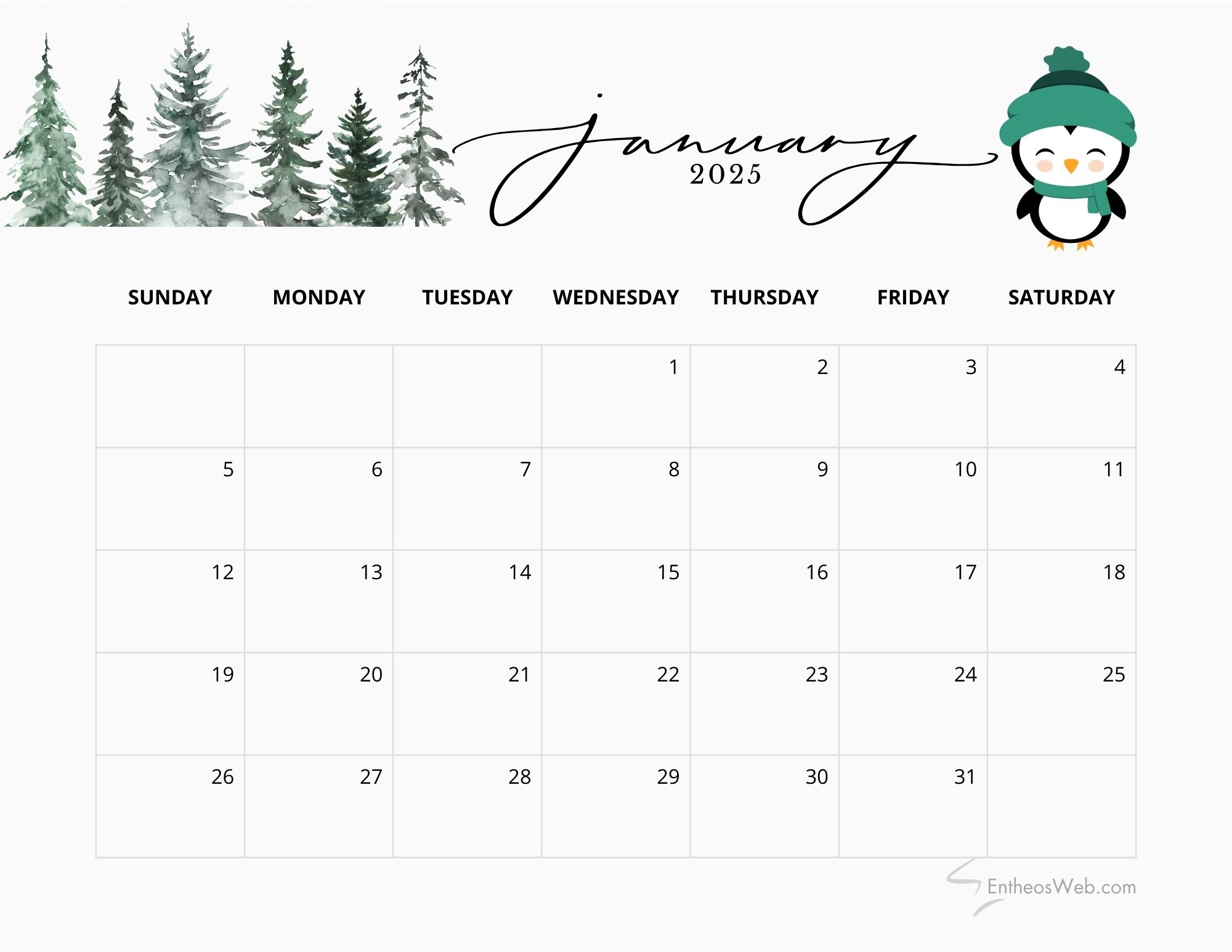 January 2025 calendar printable free